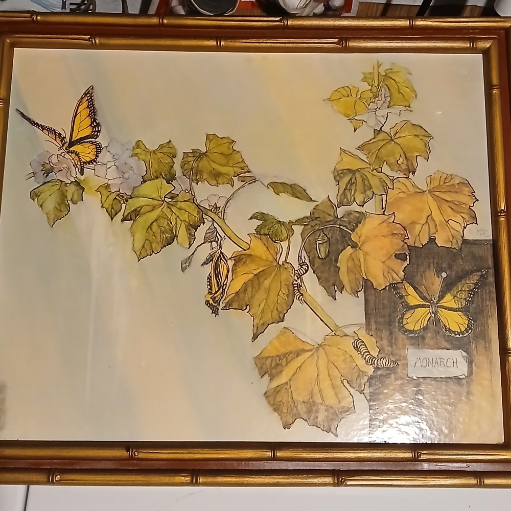 Vintage Monarch Butterfly Painting with Gold Frame